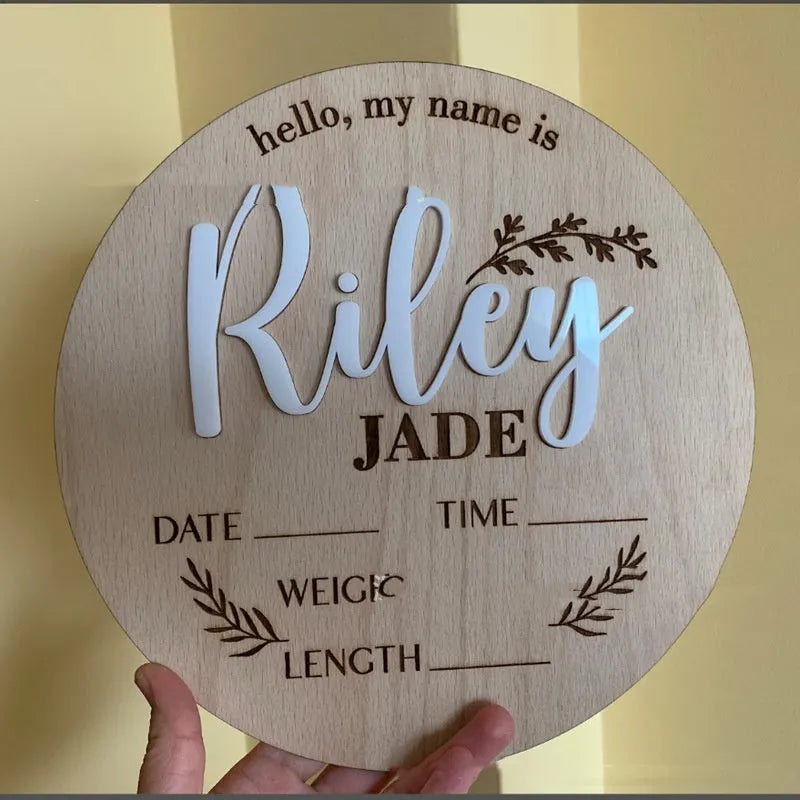 15cm square wooden newborn name label with birth details on plywood in three style variations