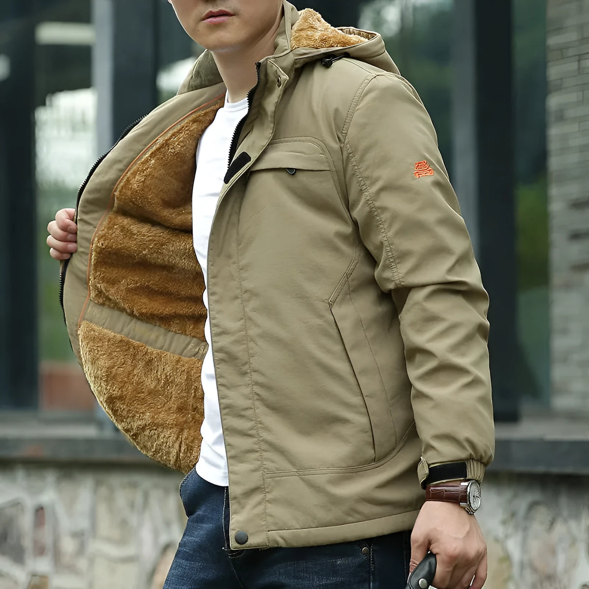 Men's waterproof breathable fleece-lined corduroy jacket in khaki, army green, royal blue, or black, sizes M to 5XL.