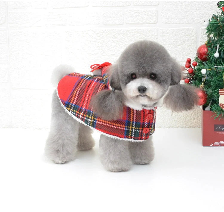 Christmas red check knitted turtleneck dog sweater with suede lining