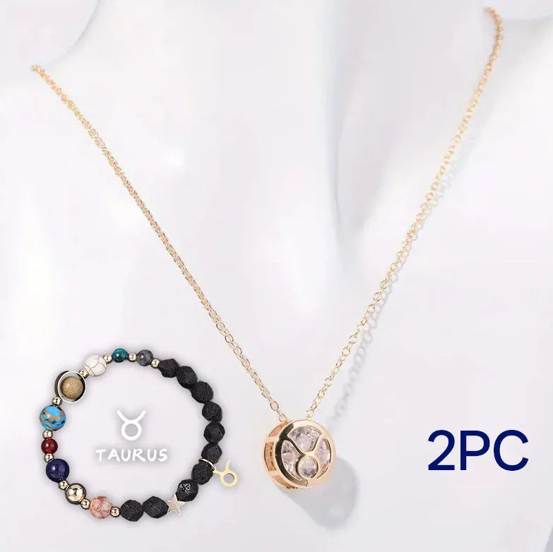 A natural stone beaded necklace and matching bracelet set laid flat, showcasing varied bead colours and textures.