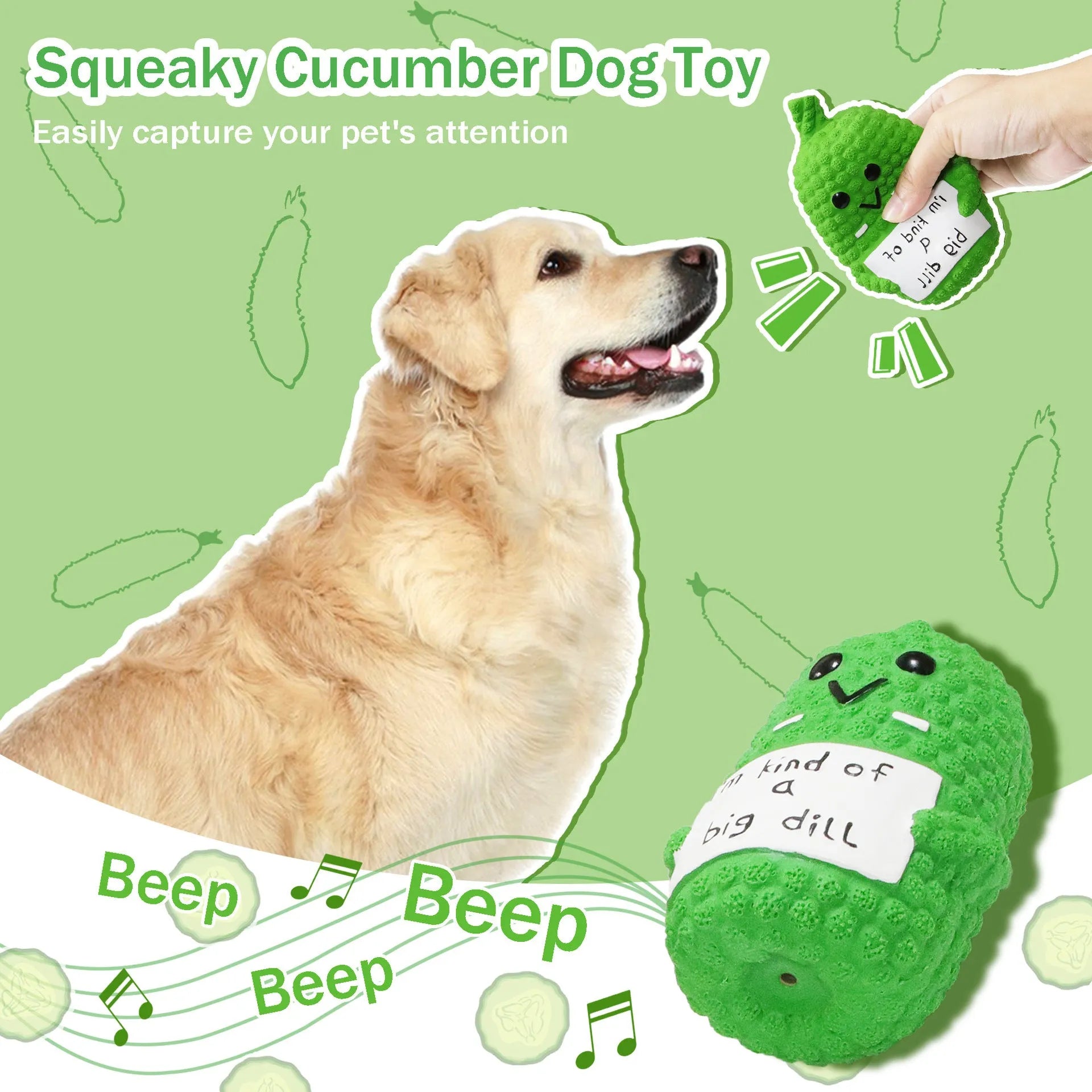 Green pickle-shaped latex squeaky dog toy with textured nubs for teeth cleaning.