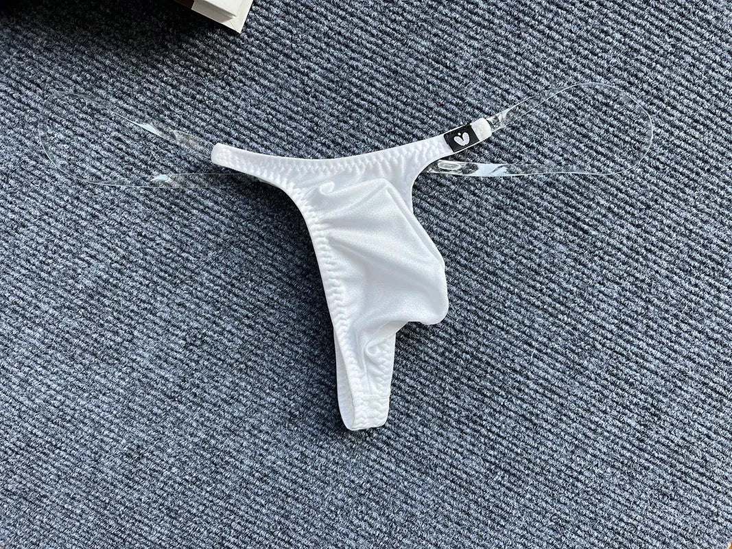 Invisible transparent belt low waist pouch underpants in nylon, T-back style, available in six colours and sizes M to XXL