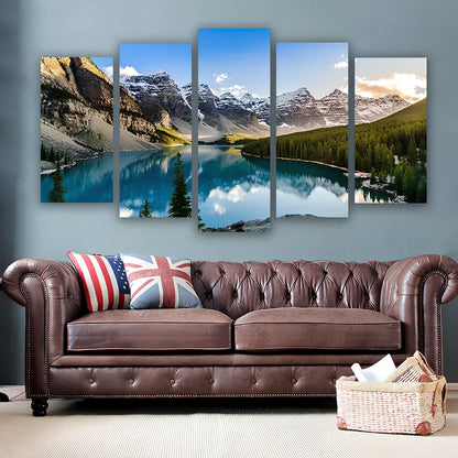 5-piece modular canvas wall art of Moraine Lake with turquoise water and mountains, available framed or unframed in sizes 30x50cm to 60x80cm per panel