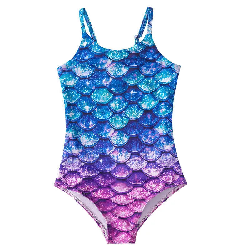 Children's mermaid one-piece swimsuit for girls in polyester with high elasticity, shown in various colours
