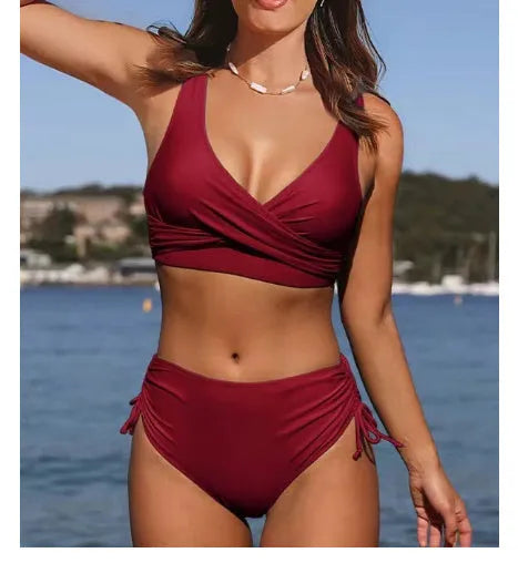 Women's solid colour bikini set with cross-strap back in nylon fabric with cotton lining