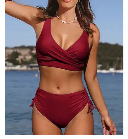 Women's solid colour bikini set with cross-strap back in nylon fabric with cotton lining