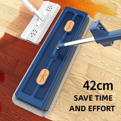 A premium 360° rotating flat mop with a stainless steel handle, suitable for cleaning various flooring types in homes.