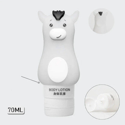 Portable animal-shaped silicone travel bottles for shampoo, shower gel, and lotion in various vibrant colors and designs