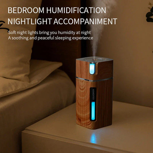 Elegant wood grain ultrasonic air humidifier with aroma diffuser, creating a soothing and relaxing atmosphere in the home