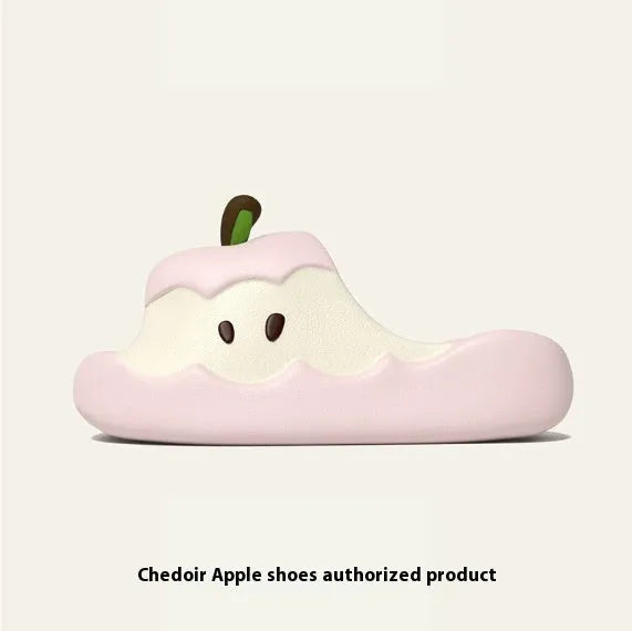 Cartoon fruit-themed EVA flip flop slippers for adults on a plain background.
