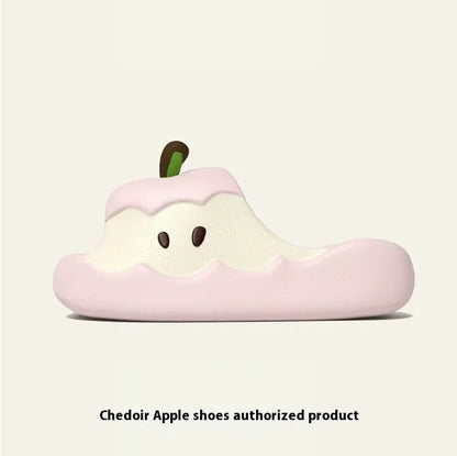 Cartoon fruit-themed EVA flip flop slippers for adults on a plain background.