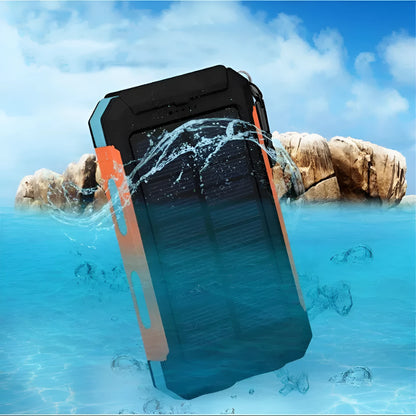 Black solar power bank with compass display and dual LED lights, showing 20000mAh capacity label.