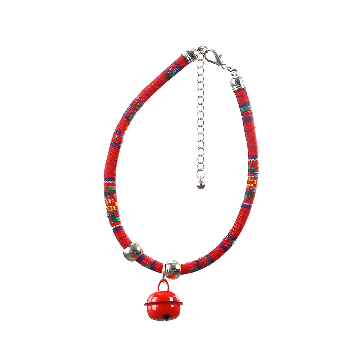 Coloured ethnic pattern adjustable dog collar with metal bell and reflective strip on a nylon strap.