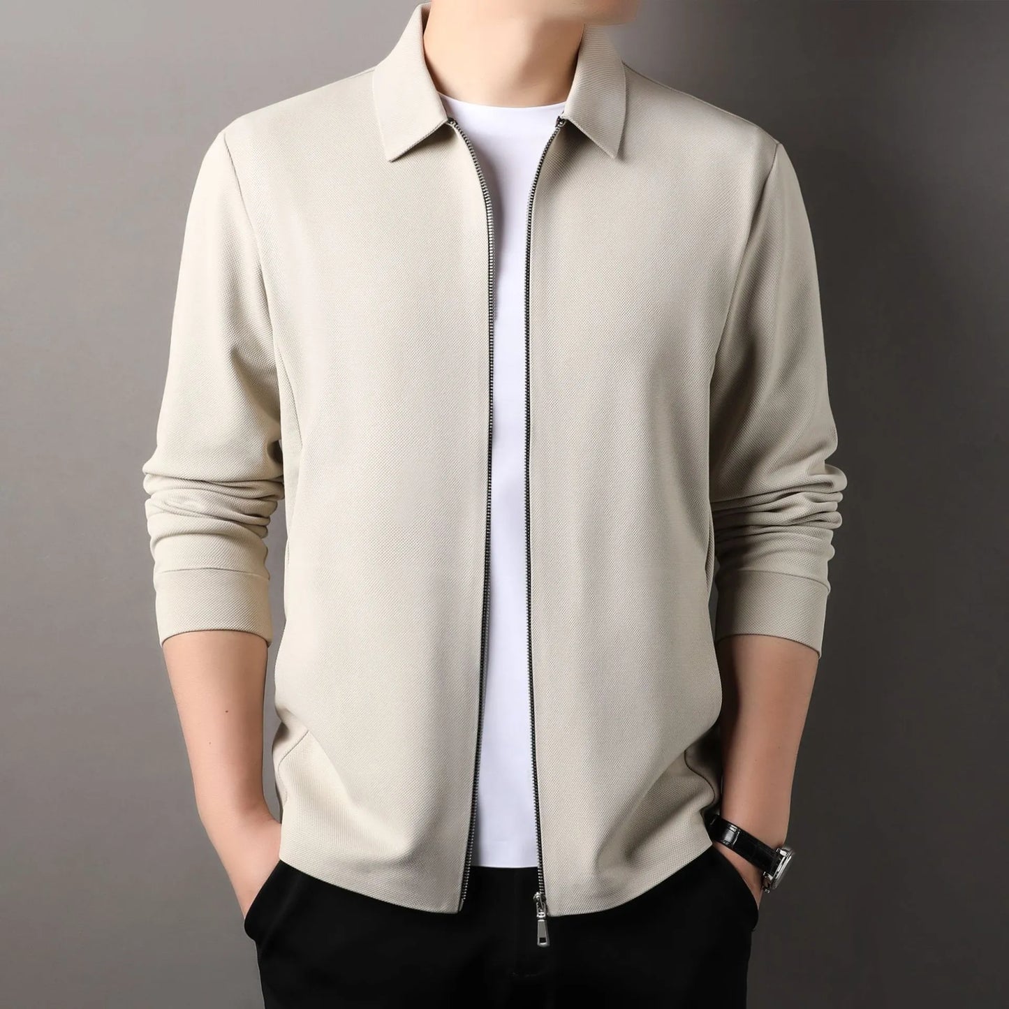 Men's straight hem jacket in black, dark grey, or apricot with regular sleeves and business-casual styling