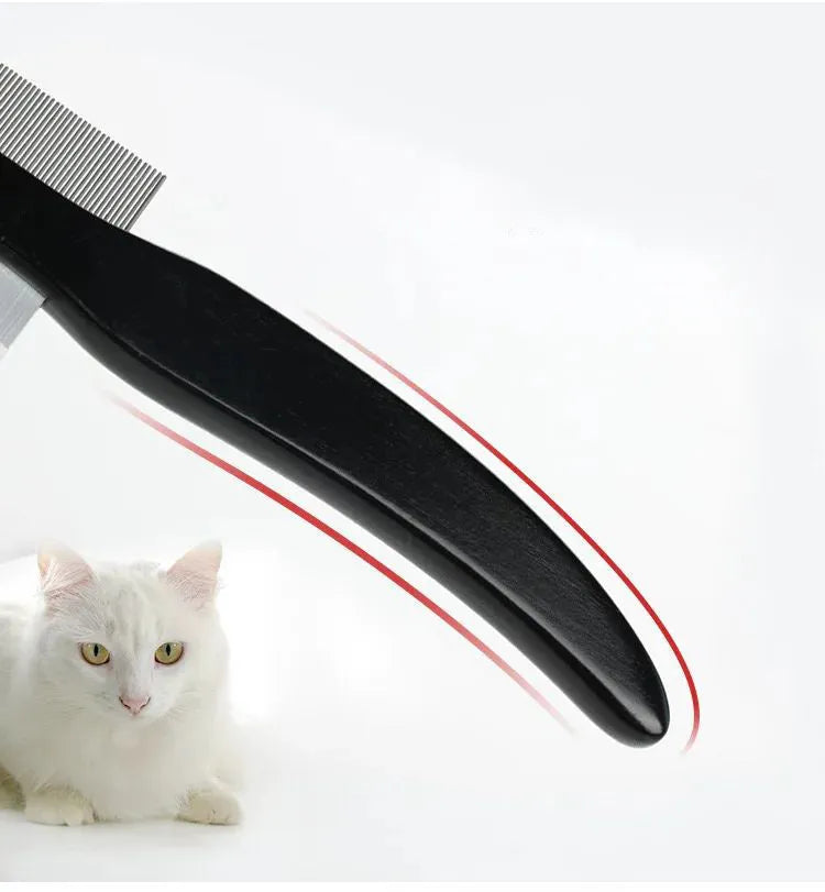 Black double-sided pet hair comb with wooden handle and metal teeth for cat and dog grooming