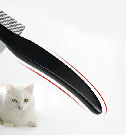 Black double-sided pet hair comb with wooden handle and metal teeth for cat and dog grooming
