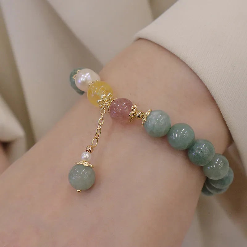 Hanfu style women's Myanmar jade bracelet with geometric design and pearl decorative elements