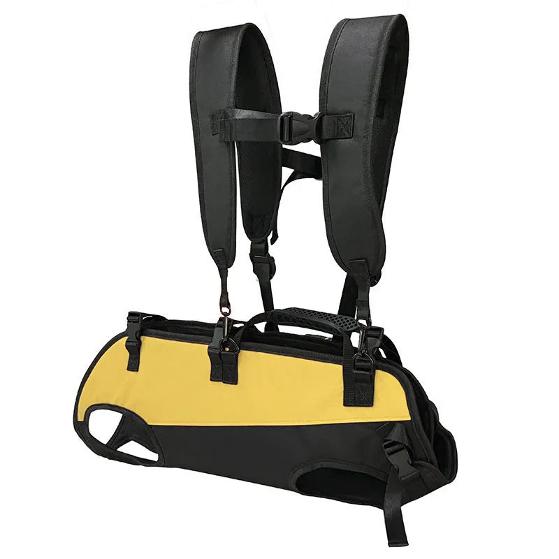 Black soft-sided Oxford cloth pet backpack for dogs and cats with colour accents, shown in backpack carry mode.
