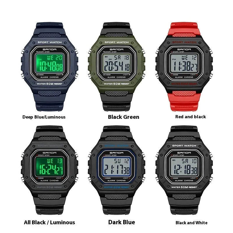 Waterproof electronic watch in multiple colour options including black, blue, green, white, and red combinations