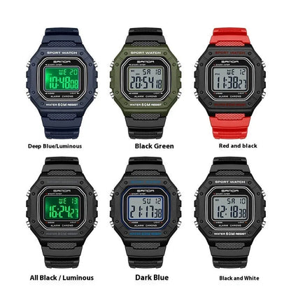 Waterproof electronic watch in multiple colour options including black, blue, green, white, and red combinations