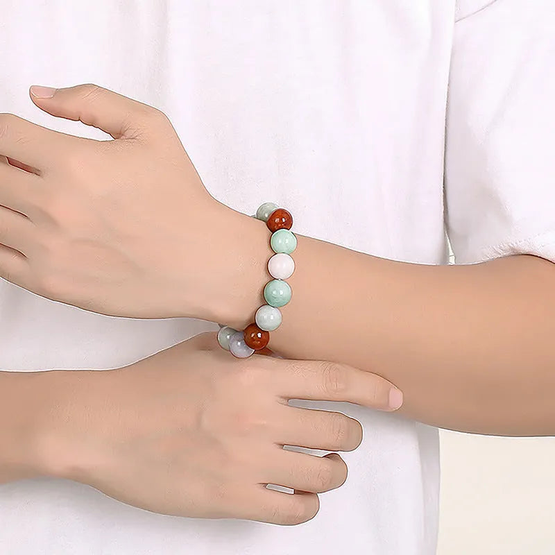 Natural Myanmar jade bracelet with three colours, round 13mm beads, traditional Asian style