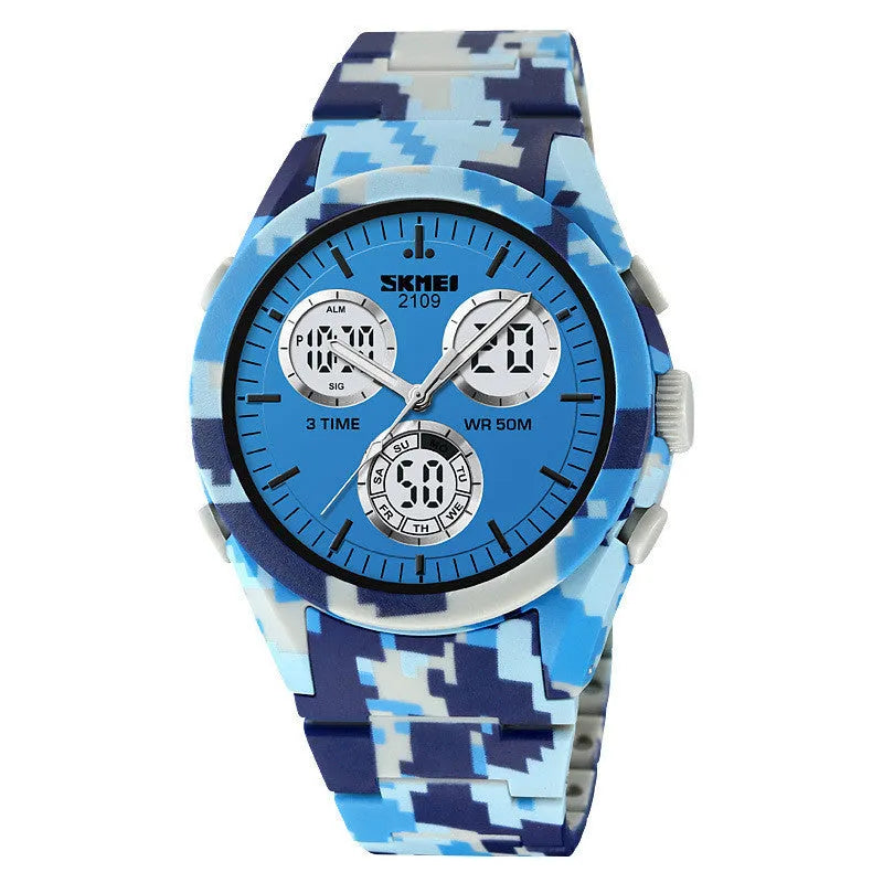 Electronic casual watch with resin mirror and TPU strap showing camouflage pattern, 50m water resistant