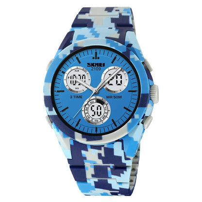 Electronic casual watch with resin mirror and TPU strap showing camouflage pattern, 50m water resistant
