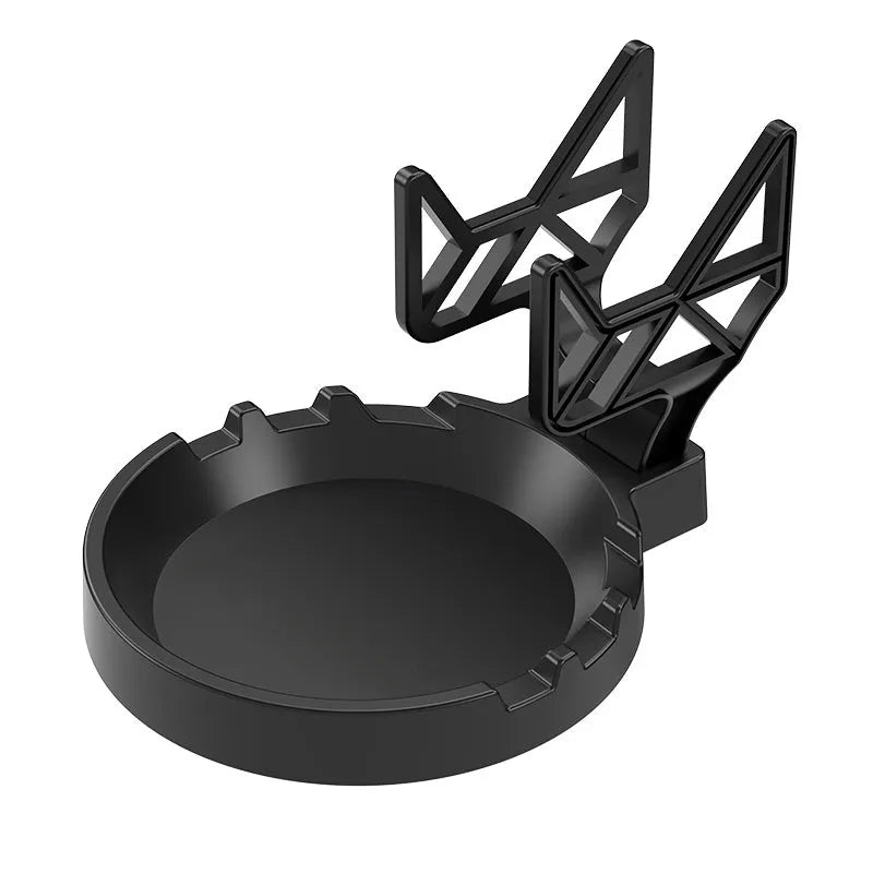 Black ABS plastic universal wall hanging rack for game controllers with adhesive pad and screws.