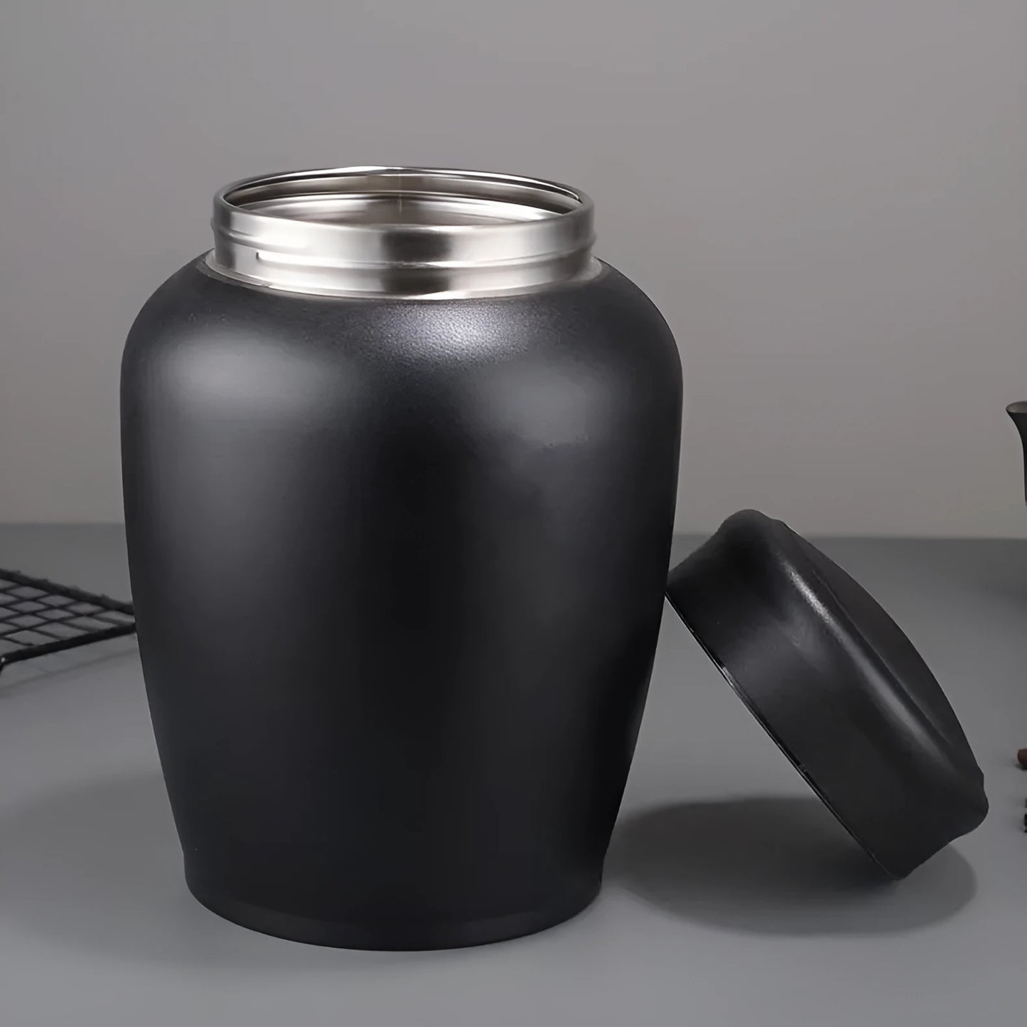 Stainless steel funerary urn with hand-painted Chinese design, large 2500ml capacity.