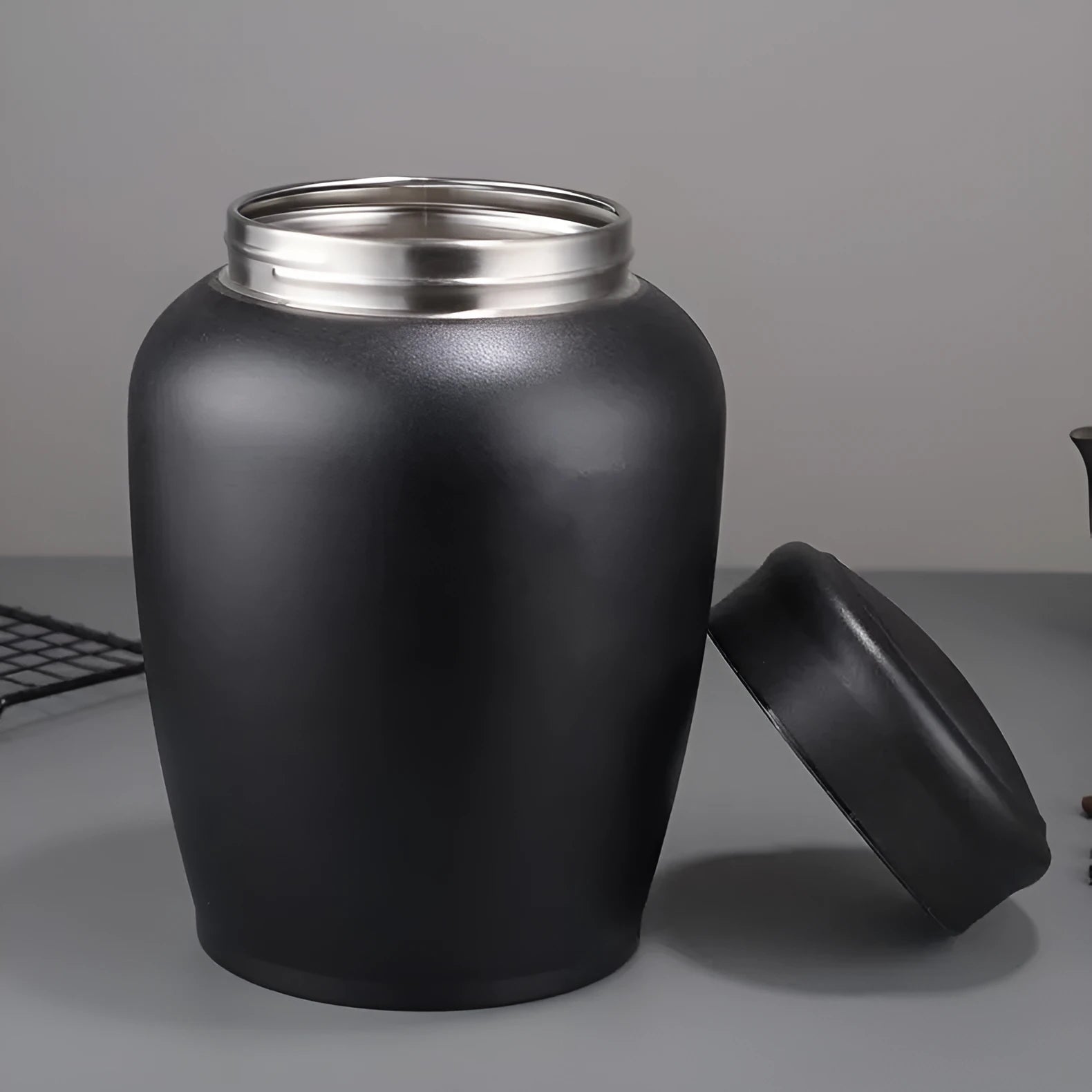 Stainless steel funerary urn with hand-painted Chinese design, large 2500ml capacity.