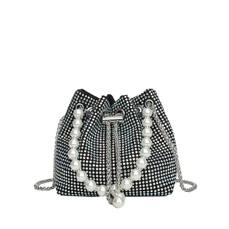 Diamond-patterned soft PU shoulder bag with detachable chain strap in bucket shape with internal organisers