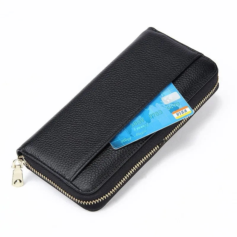 Long genuine leather women's wallet in black with anti-theft card protection and large storage capacity