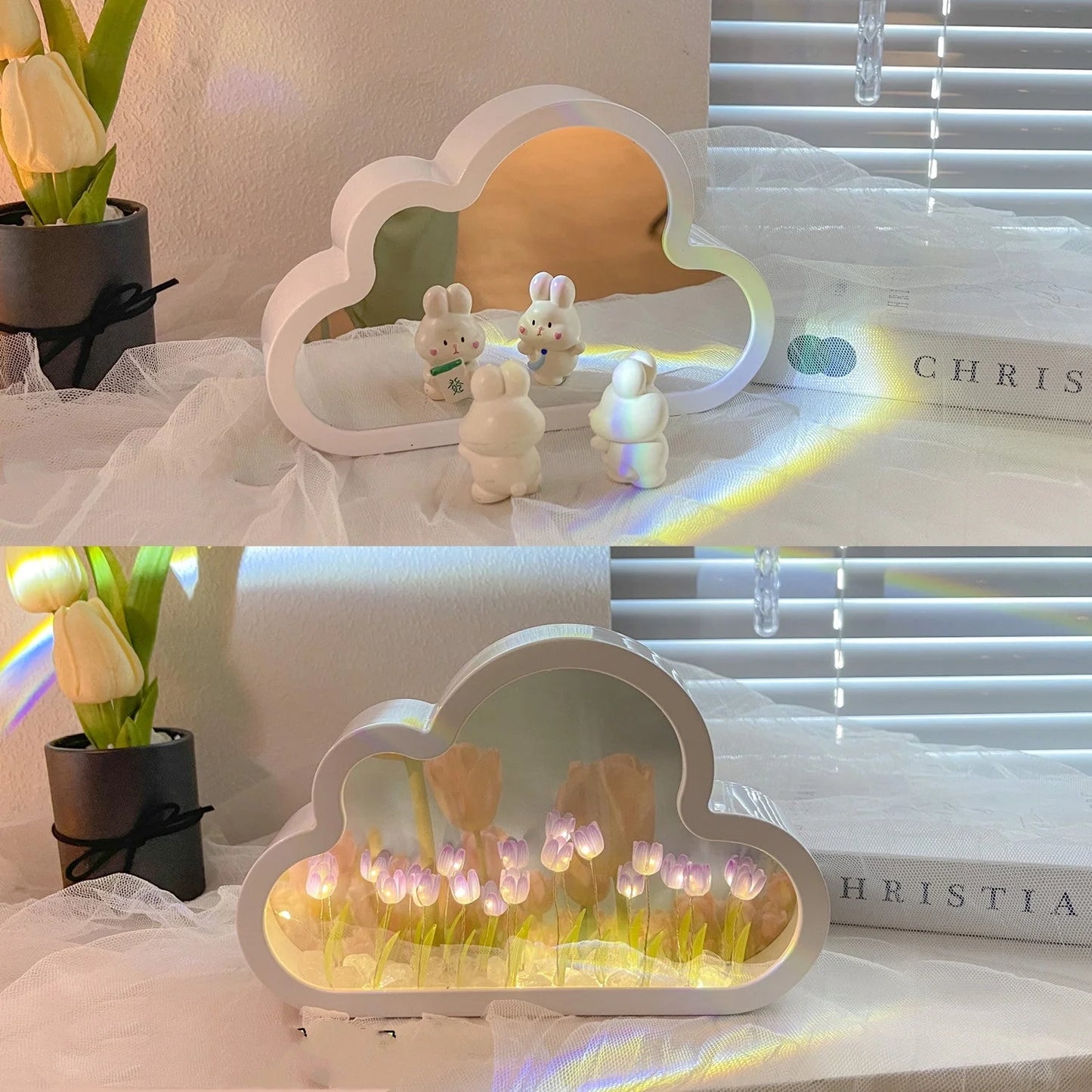 DIY Tulip Night Lamp with decorative mirrors and LED lighting in pink, purple, and blue