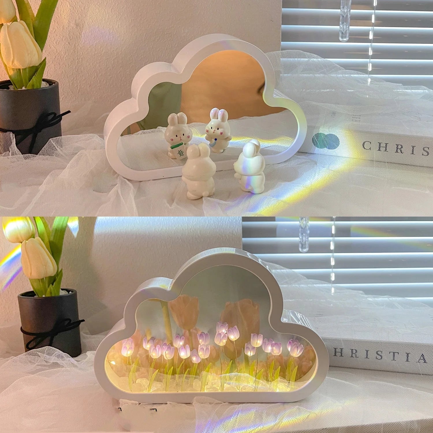 DIY Tulip Night Lamp with decorative mirrors and LED lighting in pink, purple, and blue