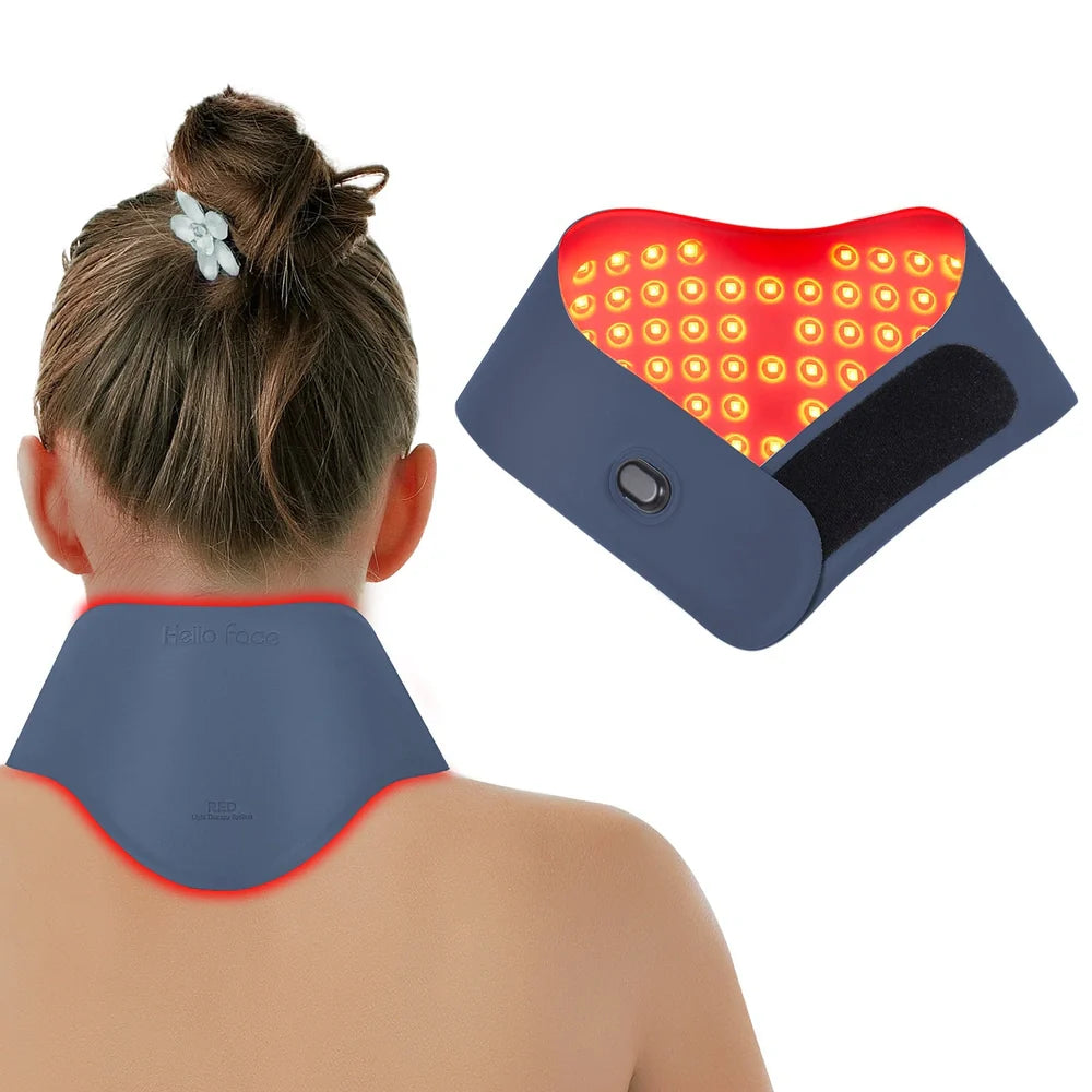 Deep sky blue neck mask with controller showing heat and pulse therapy functions for cervical vertebra relief