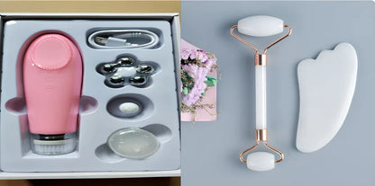 White jade facial roller set with double-headed design and scraping board for gua sha massage