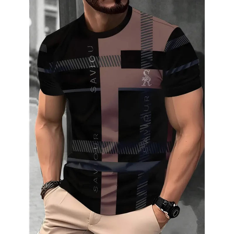 Men's loose fit digital printed T-shirt with striped pattern and short sleeves