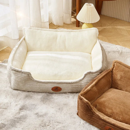 Coffee coloured removable washable pet kennel cushion bed for small medium dogs cats on a wooden floor
