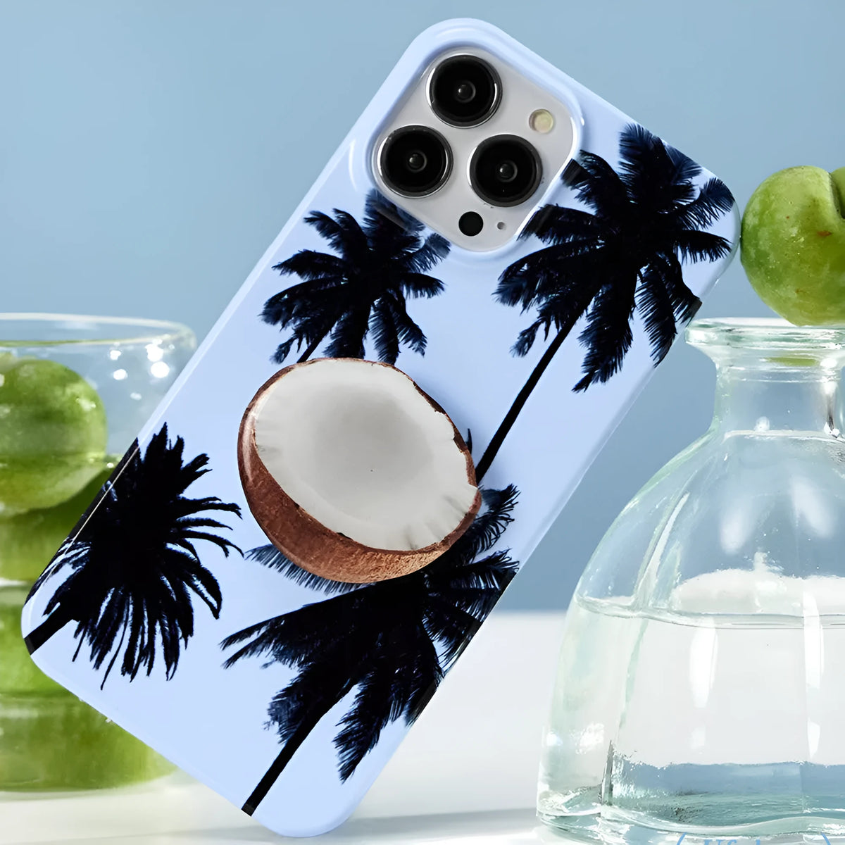 Summer coconut colour TPU phone case for iPhone on a table, showing optional bracket combination style.