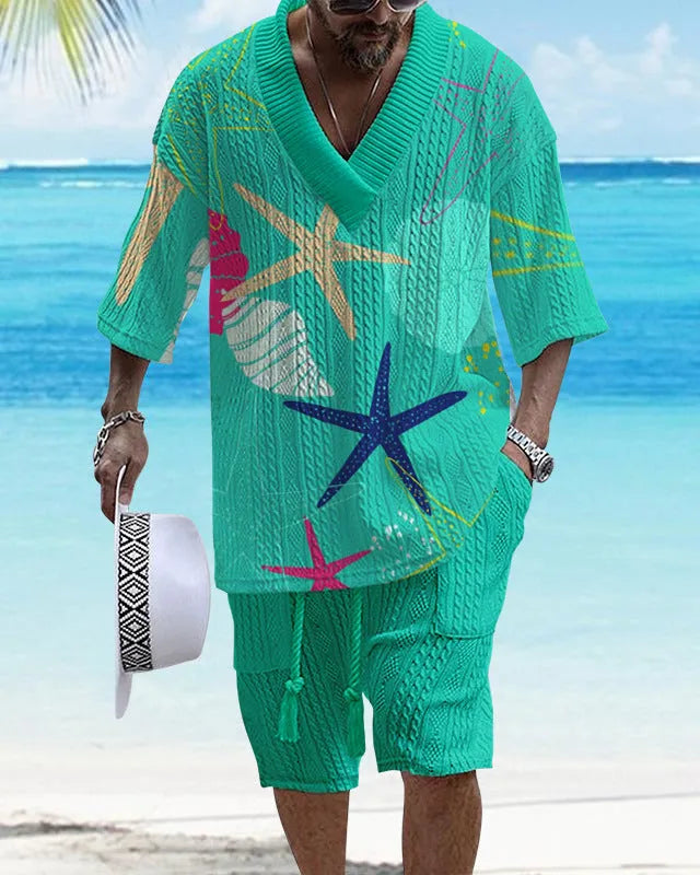 Men's casual short sleeve polyester suit set with loose fit top and matching shorts