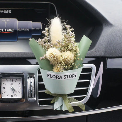 Dried flower car air freshener set with colourful bouquet and fragrance strips for air conditioning vents
