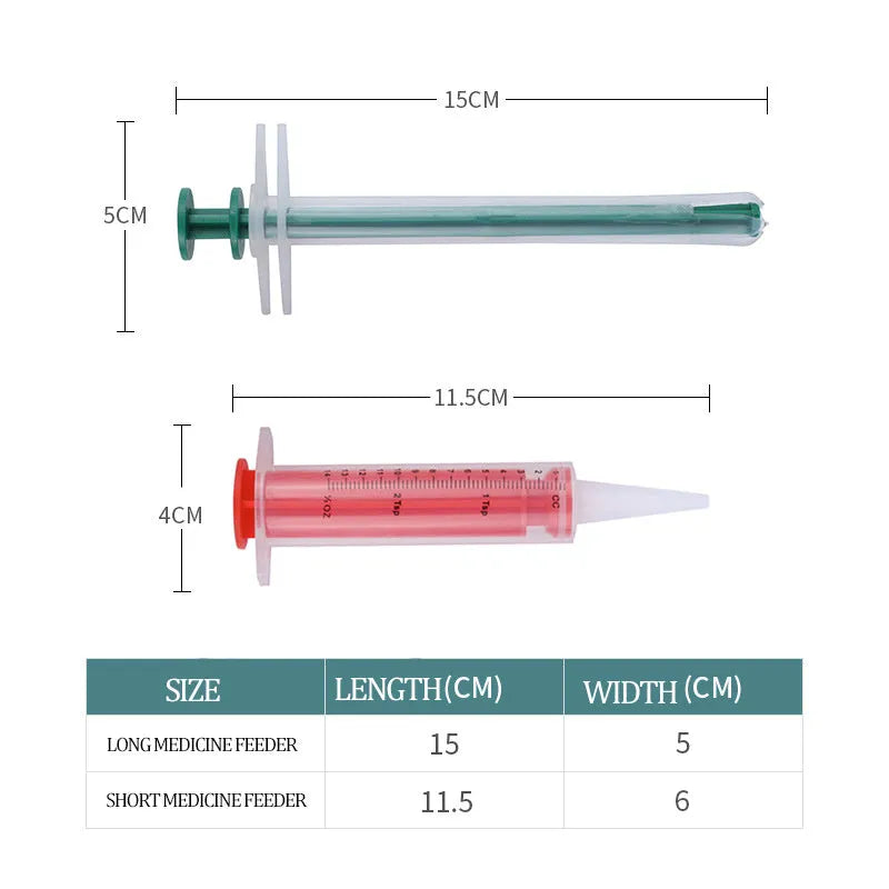Two silicone-tipped pet pill shooter syringes for cat and dog medicine.