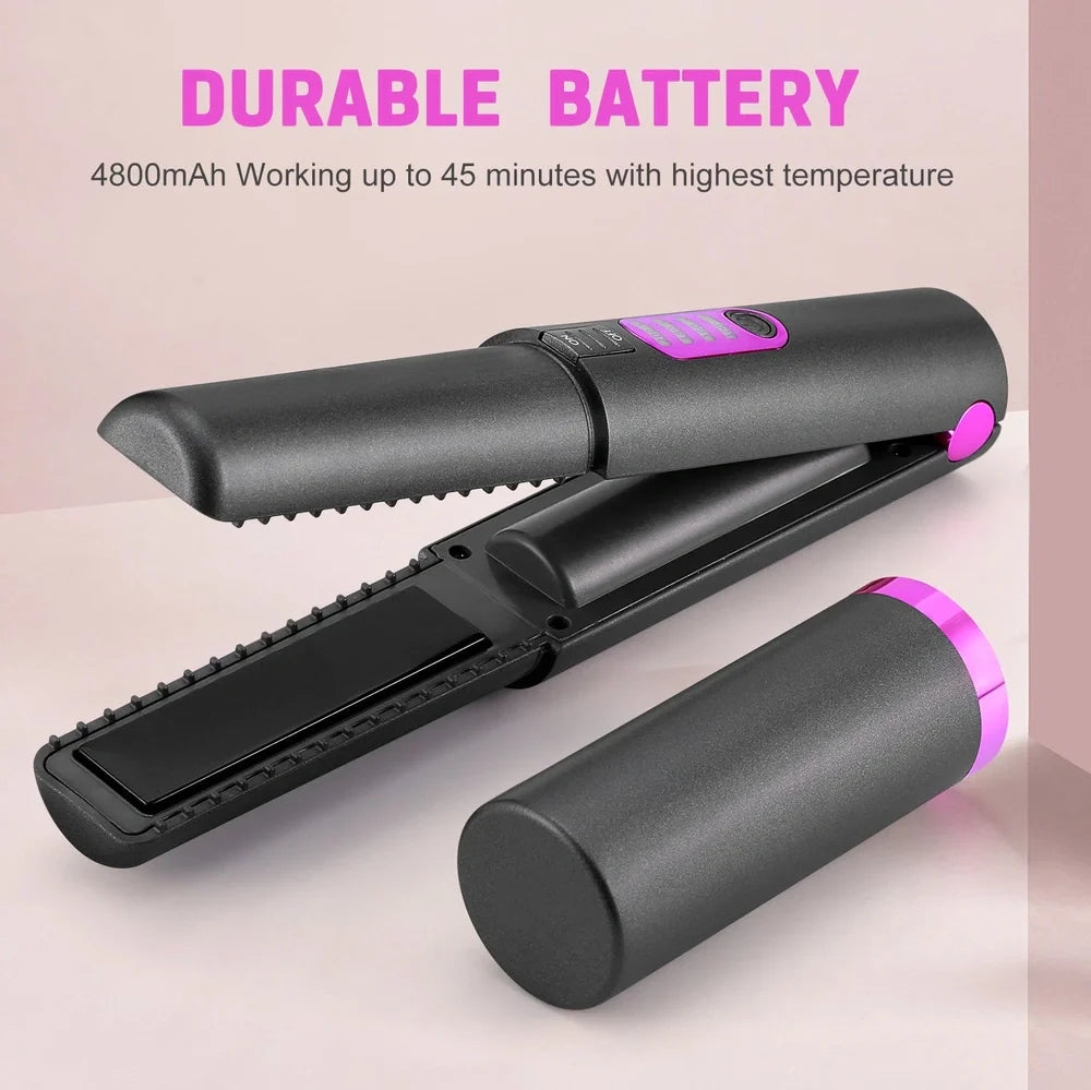 Green USB travel hair iron with ceramic tourmaline plates showing temperature display and dual straightening/curling function