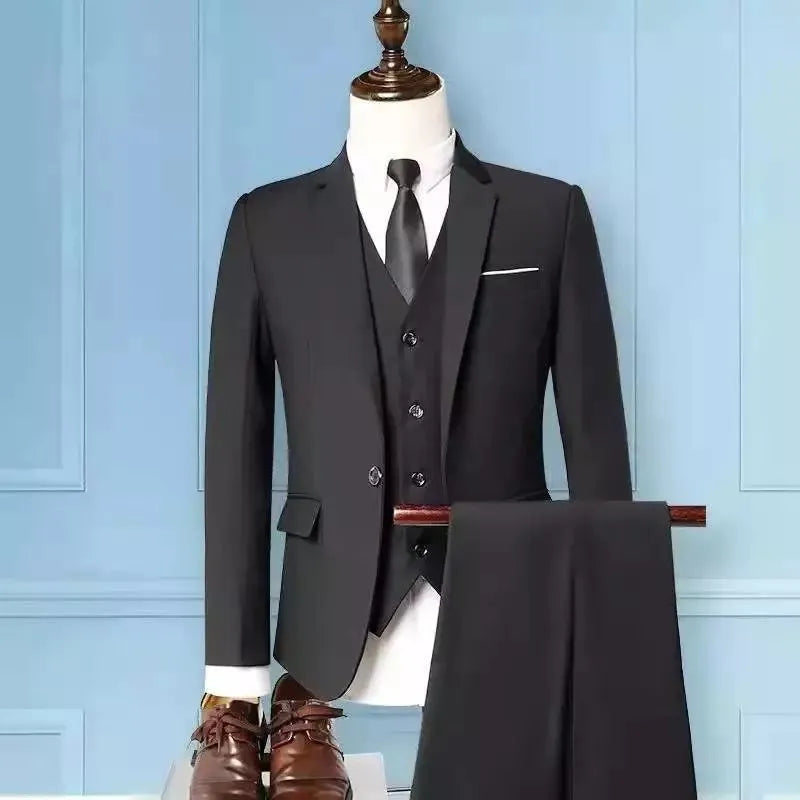Men's Korean-style slim fit three-piece business suit in chemical fibre blend with tie
