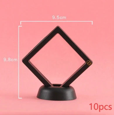 3D floating jewelry coin display stand in white and black, showcasing collectibles in mid-air