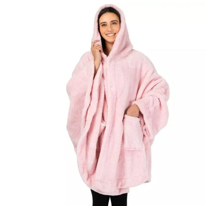 Thickened hooded cloak bathrobe in polyester, shown in black, dark grey, and pink colour options.