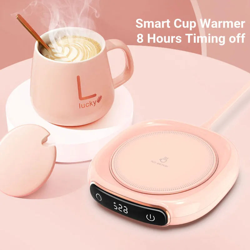 White USB coffee mug warmer coaster on desk with dimensions 130x110mm