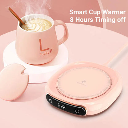 White USB coffee mug warmer coaster on desk with dimensions 130x110mm