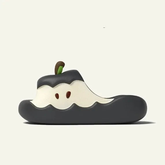 Cartoon fruit-themed EVA flip flop slippers for adults on a plain background.