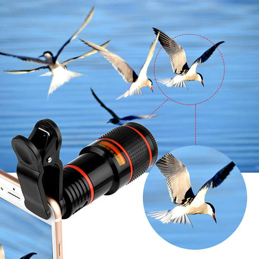 A close-up photograph of a telescope lens attached to a smartphone, capturing a distant subject with impressive clarity and detail.